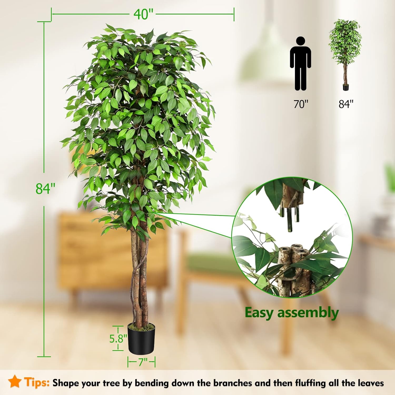 本物そっくりの人工フィカスツリー、自然な幹と豊かな葉が特徴、 - Dracaena Marginata のレビューと価格